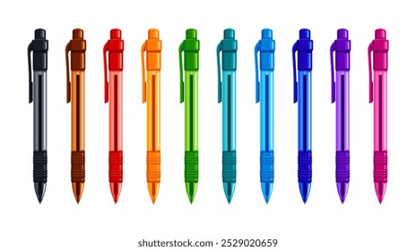Set of colorful retractable ballpoint pens in black, brown, red, orange, green, teal, blue, purple, pink. School supply, stationery concept. Flat vector illustration isolated on a white background