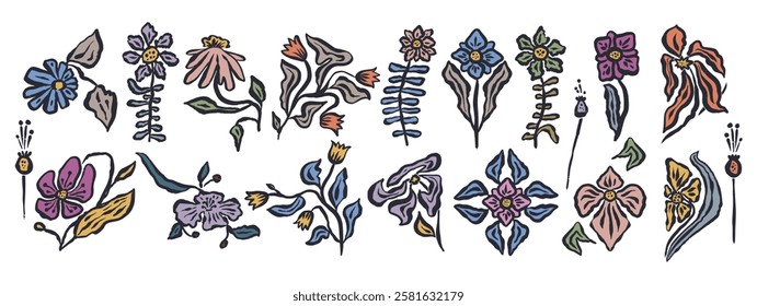 Set of colorful retro abstract inky flowers and leaves isolated on white. Sketchy textured loose floral doodles.