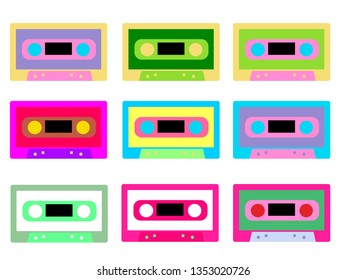 Set of colorful Retro audio tape cassette, vintage mixtape on isolated white background. Old technology. Vector illustration