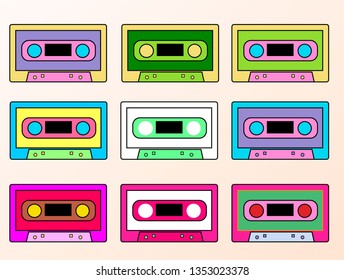 Set of colorful Retro audio tape cassette, vintage mixtape on isolated white background. Old technology. Vector illustration