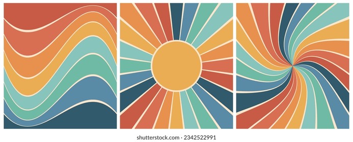 Set of colorful retro boho backgrounds with rainbow and sun. Trendy groovy print design for posters, cards. Vector
