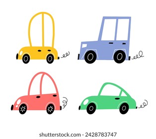 Set of colorful retro cars isolated on a white background. Hand-drawn style.