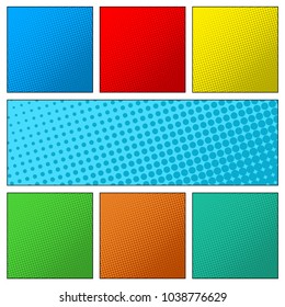 Set of colorful retro comic book page background. Halftone effect