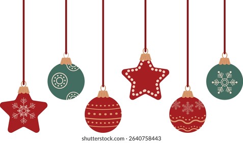 Set colorful retro flat craft Christmas ornaments are suspended from red strings showcasing various patterns Shapes perfect for holiday decorations isolated on transparent background Copy space
