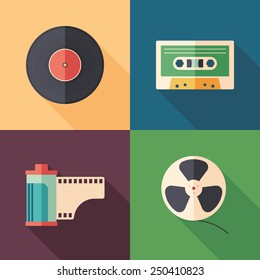 Set of colorful retro flat media icons with long shadows.