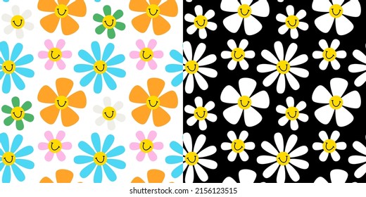 Set of colorful retro flower cartoon seamless pattern illustration. 60s art style floral hippie background collection with smiling face spring nature print.