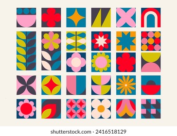 Set of colorful retro geometric elements, Trendy abstract minimalist figures, stars, flowers, circles. Modern design elements