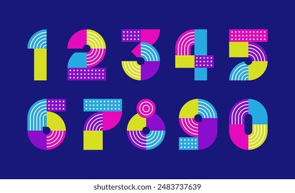 Set of colorful retro geometric numbers, catchy abstract font symbols collection.