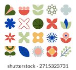 Set of colorful retro geometric primitive flowers, branches with leaves and abstract plants icons. Collection of trendy minimalist bauhaus nature figures, scandinavian art symbols. Vector illustration