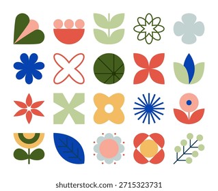 Conjunto de flores primitivas geométricas retrô coloridas, ramos com folhas e ícones de plantas abstratas. Coleção de figuras da natureza minimalista da moda bauhaus, símbolos de arte escandinava. Ilustração vetorial