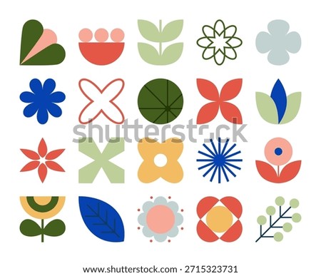 Set of colorful retro geometric primitive flowers, branches with leaves and abstract plants icons. Collection of trendy minimalist bauhaus nature figures, scandinavian art symbols. Vector illustration