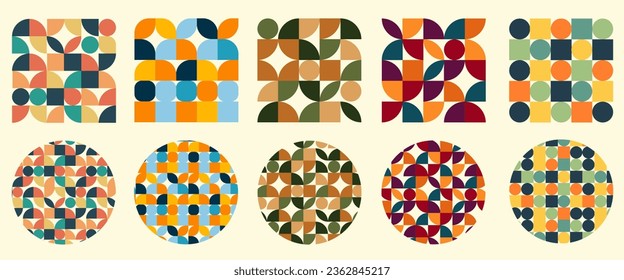 Set of colorful and retro geometric vector designs in square and circle in Bauhaus style. Ready to use for textiles, fabric, wrapping and more.
