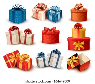 Set of colorful retro gift boxes with bows and ribbons. Vector illustration.