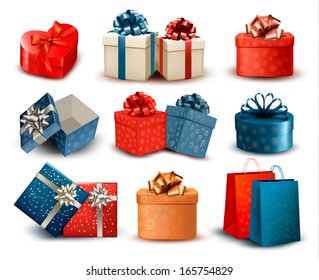 Set of colorful retro gift boxes with bows and ribbons. Vector illustration