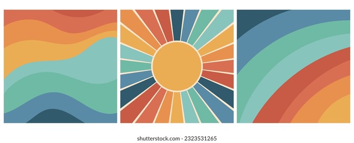 Set of colorful retro groovy backgrounds with rainbow and sun. Trendy groovy print design for posters, cards, t-shirts