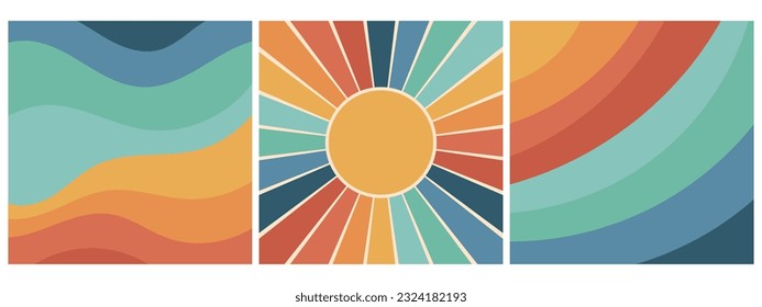 Set of colorful retro groovy backgrounds with rainbow and sun. Trendy groovy print design for posters, cards, banners