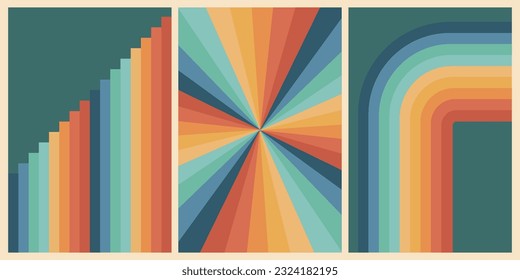 Set of colorful retro groovy backgrounds with rainbow and sun. Trendy groovy print design for posters, cards, banners