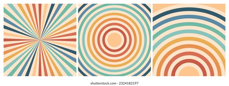 Set of colorful retro groovy backgrounds with rainbow and sun. Trendy groovy print design for posters, cards, banners