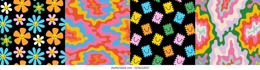 Set Of Colorful Retro Hippie Cartoon Seamless Pattern Illustration. 60s Art Style Background Collection With Smiling Face Flower Print, Tie Dye Fabric Texture.