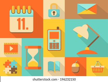 set of colorful retro  icons, suitable for flat design, vector lllustration, eps 10, with transparency 