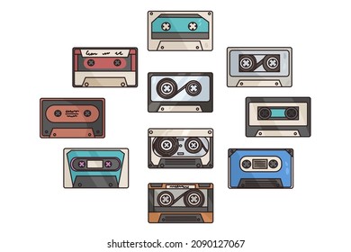 Set of colorful retro music cassettes. Collection of various plastic old-fashioned music tapes. Old technology and sound. 90s audiocassette for stereo analogue player. Flat vector illustration. 