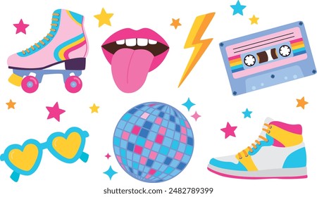 Set of colorful retro objects from 80s-90s. Vector illustration in flat style	