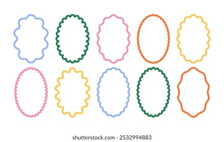 A set of colorful retro oval frames featuring rounded, wavy and wavy patterns. Scalloped edges with a wavy pattern. Adorable curved frames with retro-style wavy edges.	