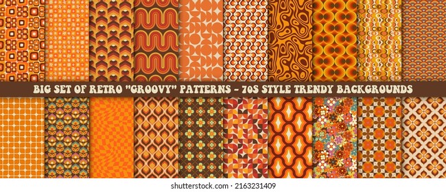 Set of colorful retro patterns. Vector trendy backgrounds in 70s style. Abstract modern geometric and floral ornaments, vintage backgrounds