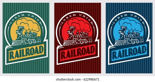 A set of colorful retro posters with a vintage locomotive. Vector illustration