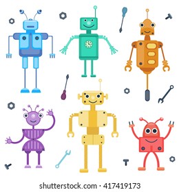 Set of colorful retro robots by flat cartoon style. Vector illustration. Toy collection for children, boys 
