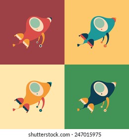 Set of colorful retro rockets.