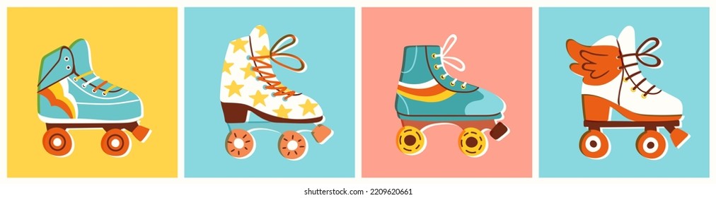 Set of colorful retro roller skates. Vector illustration of various vintage quad skates in flat style. Winged, sneaker and star print style.