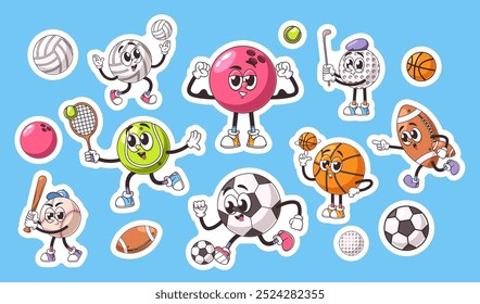 Conjunto De Coloridas Pegatinas De Pelota Deportivas Retro Con Personajes De Dibujos Animados Como Fútbol, Baloncesto, Fútbol, Tenis, Rugby