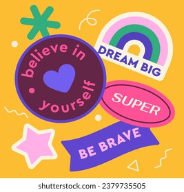 Set of colorful retro stickers. Abstract shapes with text. Rainbow with dream big inscription. Positive and motivational quote. Cartoon flat vector collection isolated on yellow background