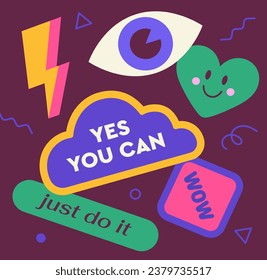 Set of colorful retro stickers. Abstract shapes with text. Lightning, heart and eye. Back to 80s and 90s. Graphic element for website. Cartoon flat vector collection isolated on yellow background