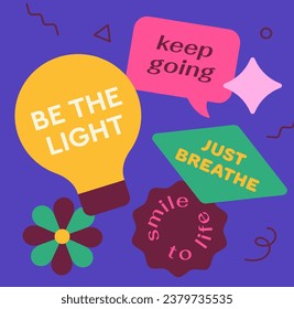 Set of colorful retro stickers. Abstract shapes with text. Lght bulb with inscription. Back to 80s and 90s. Poster or banner. Cartoon flat vector collection isolated on yellow background