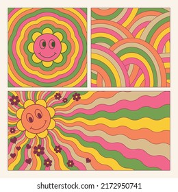 Set of colorful retro style psychedelic groovy wave backgrounds. Abstract hippie design banners. Trippy vibes graphic design templates.
