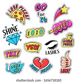 Set of colorful retro style stickers, badges, patches with text, trendy phrases, vector illustration