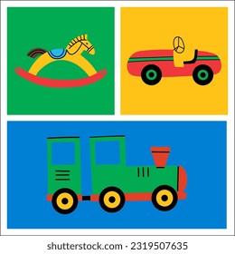 Set of colorful retro toys for children. Vector illustrations for create unique t-shirt, cup or bag design, house poster, wallpaper, textiles, apparel or postcards. Series of nostalgy 