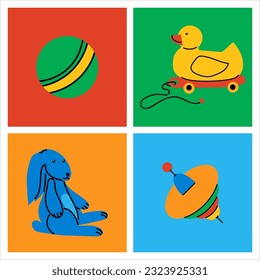Set of colorful retro toys for children. Vector illustrations for create unique t-shirt, cup or bag design, house poster, wallpaper, textiles, apparel or postcards 