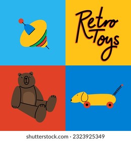 Set of colorful retro toys for children. Vector illustrations for create unique t-shirt, cup or bag design, house poster, wallpaper, textiles, apparel or postcards 