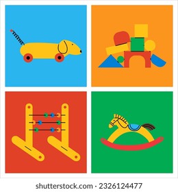 Set of colorful retro toys for children. Vector illustrations for create unique t-shirt, cup or bag design, house poster, wallpaper, textiles, apparel or postcards 