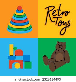 Set of colorful retro toys for children. Vector illustrations for create unique t-shirt, cup or bag design, house poster, wallpaper, textiles, apparel or postcards 