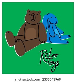 Set of colorful retro toys for children with bear Teddy and Hare Bunny. Vector illustrations for create unique t-shirt, cup or bag design, house poster, wallpaper, textiles, apparel or postcards 