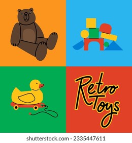 Set of colorful retro toys for children with bear Teddy, yellow duck, pyramide of blocks. Vector illustrations for create unique t-shirt, cup or bag design, house poster, wallpaper, textiles, apparel