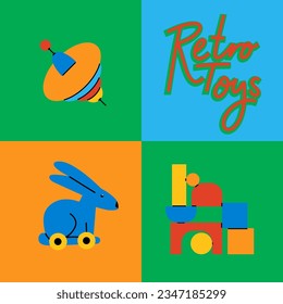 Set of colorful retro toys for children with whirligig, pyramid of bricks, bunny. Vector illustrations for create unique t-shirt, cup or bag design, house poster, textiles, apparel or postcards 