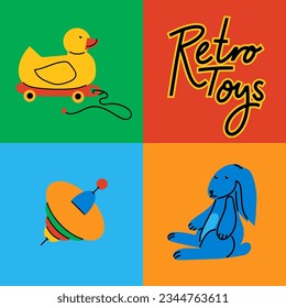 Set of colorful retro toys Yellow Duck, Blue bunny, Whirligig for children. Vector illustrations for create unique t-shirt, cup or bag design, house poster, wallpaper, textiles, apparel or postcards 