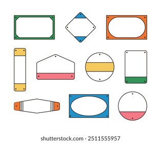 A set of colorful, retro, vintage style sign, panel, board, label, banner, frame, border, and tag design illustrations. Various shapes including square, round, oval, and rectangular.