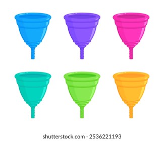 Conjunto de copas menstruales de silicona reutilizables de colores en azul, púrpura, rosa, verde azulado, verde, amarillo. Periodo, respetuoso del medio ambiente, cuidado personal, concepto de higiene. Ilustración vectorial plana aislada sobre fondo blanco