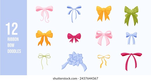 Set of colorful ribbon bow knots. Decoration elements. Various bows for presents, gift boxes, traditional holidays. Flat cartoon vector illustration.